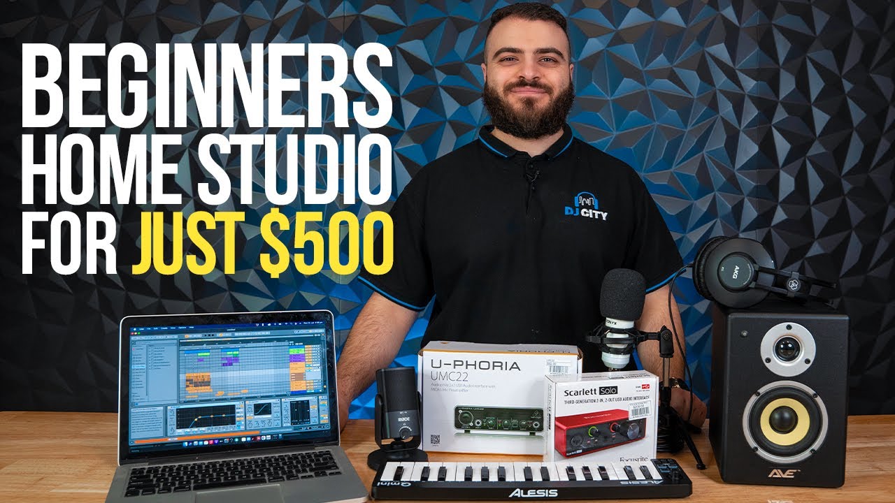 Complete budget home recording studio setup under $500 showing microphone, audio interface, headphones, and computer