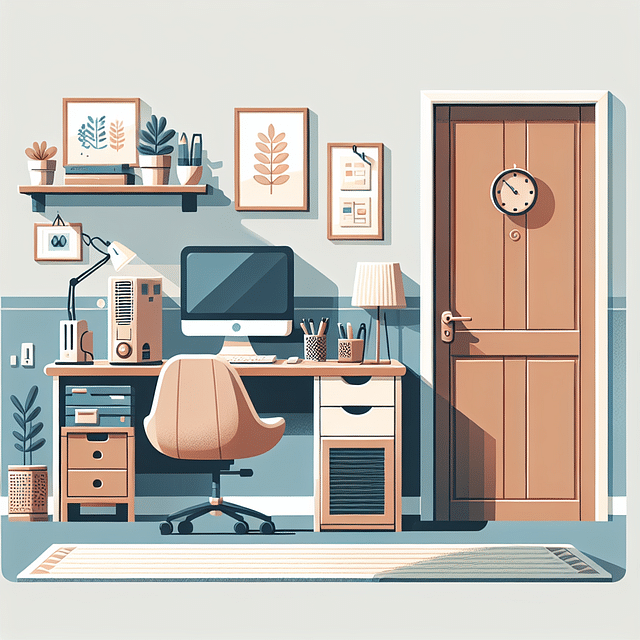 a cozy, quiet home office setup with a closed door