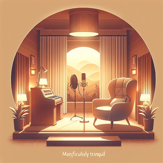 comfortable recording space with soft warm lighting and a cozy chair