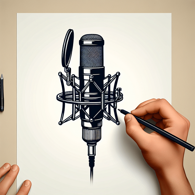 microphone with shock mount and pop filter at mouth level