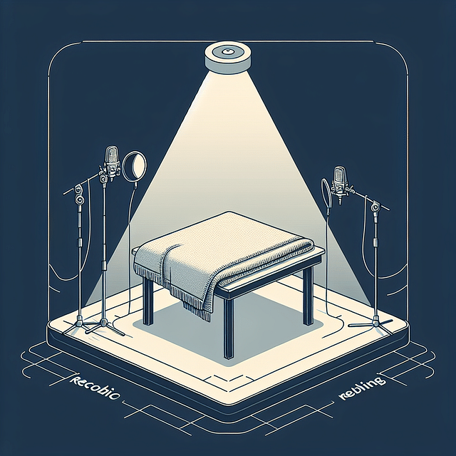 recording table setup with a thick blanket in the center of a room