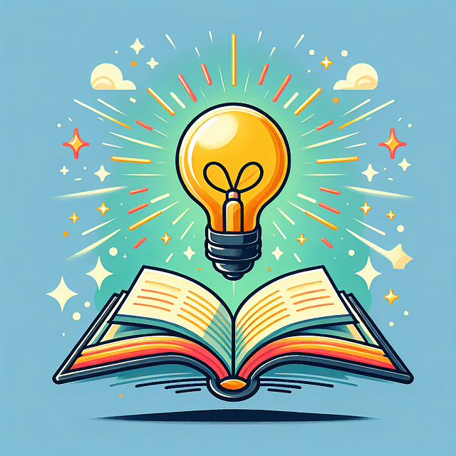 a lightbulb over an open book, symbolizing a central theme idea