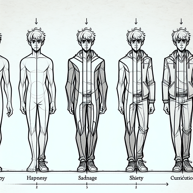 a sketch of a character with depth, showing different emotions and traits