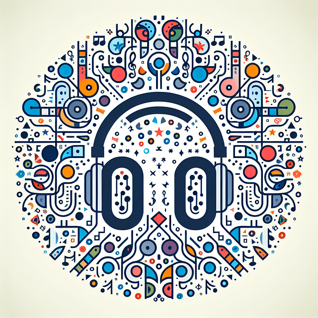 a pair of headphones surrounded by musical notes and sound waves