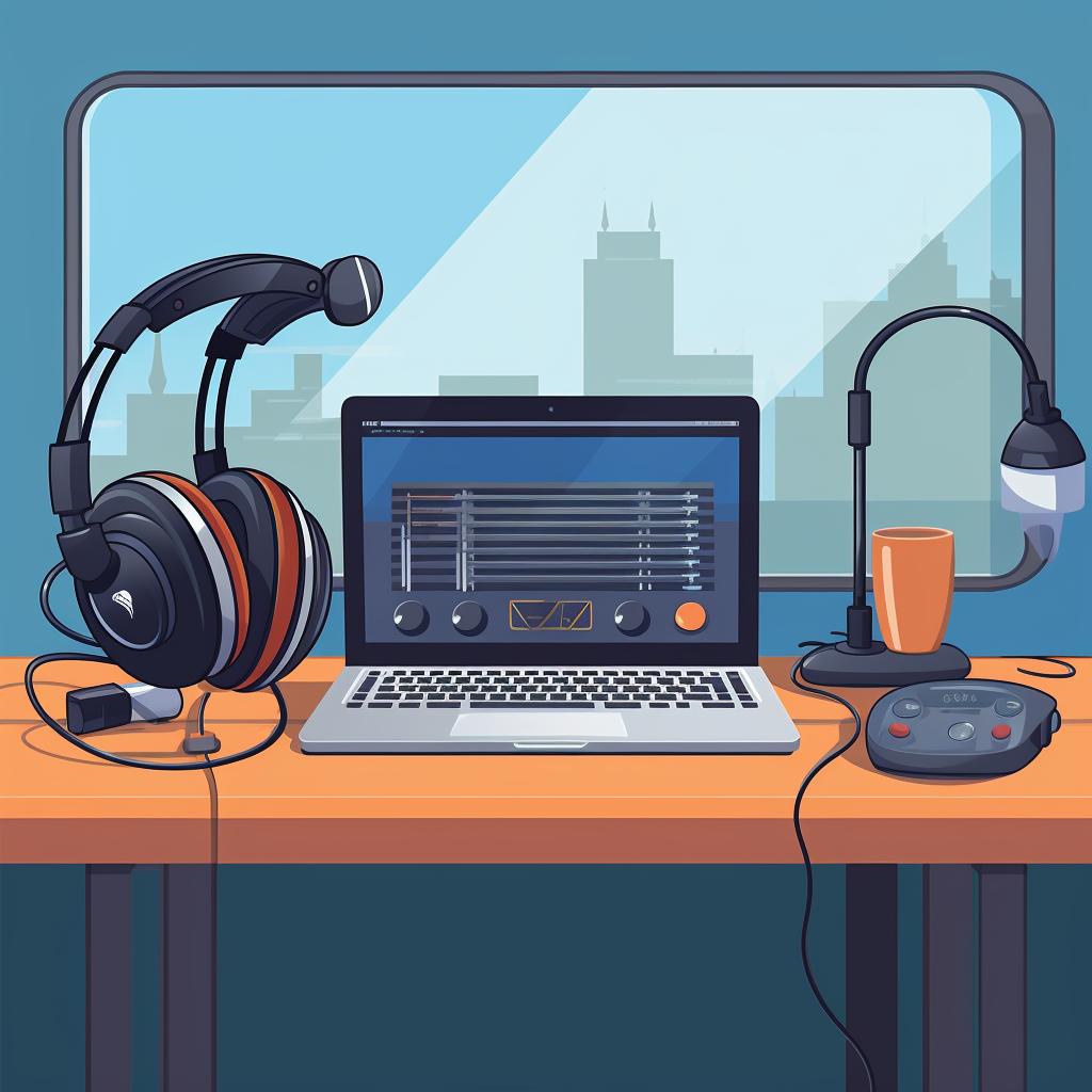 Podcast equipment arranged on a desk