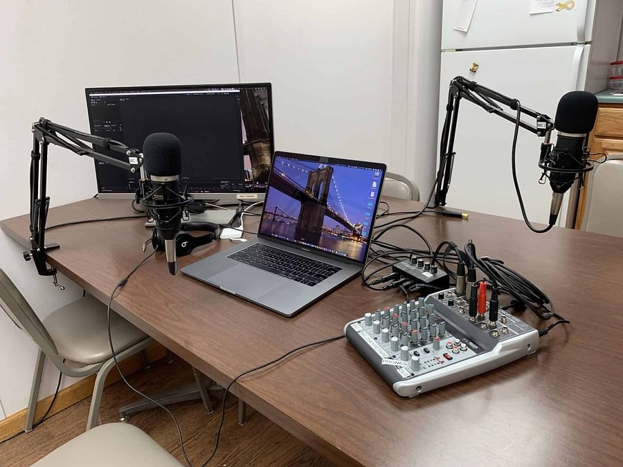 Variety of Podcasting Equipment including microphones, headphones, and audio interfaces