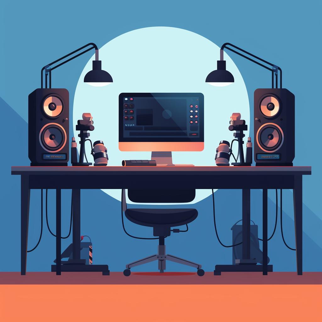 Audio interface, microphones, headphones, and studio monitors on a desk
