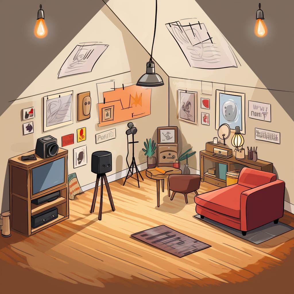 A sketch of a home studio with marked areas for different types of lights.