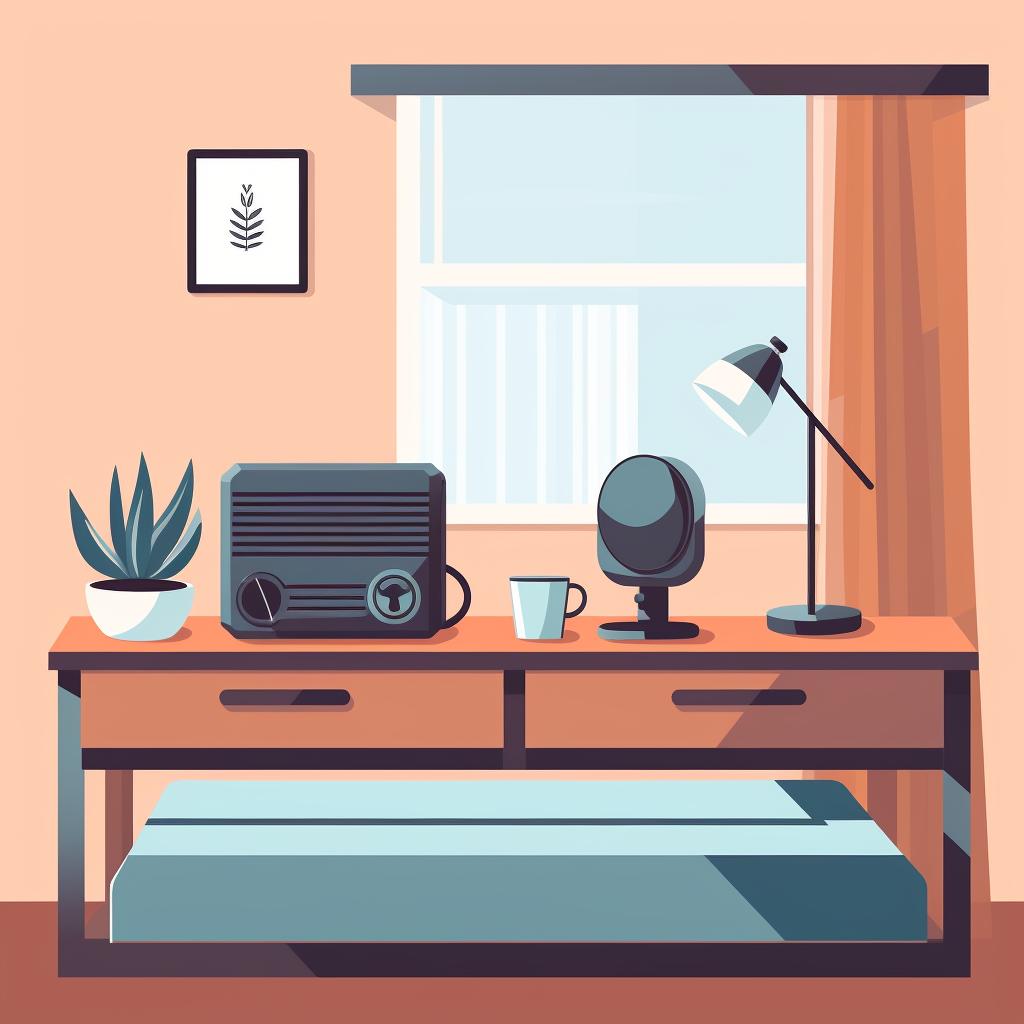 A desk with speakers and a microphone set up in a bedroom