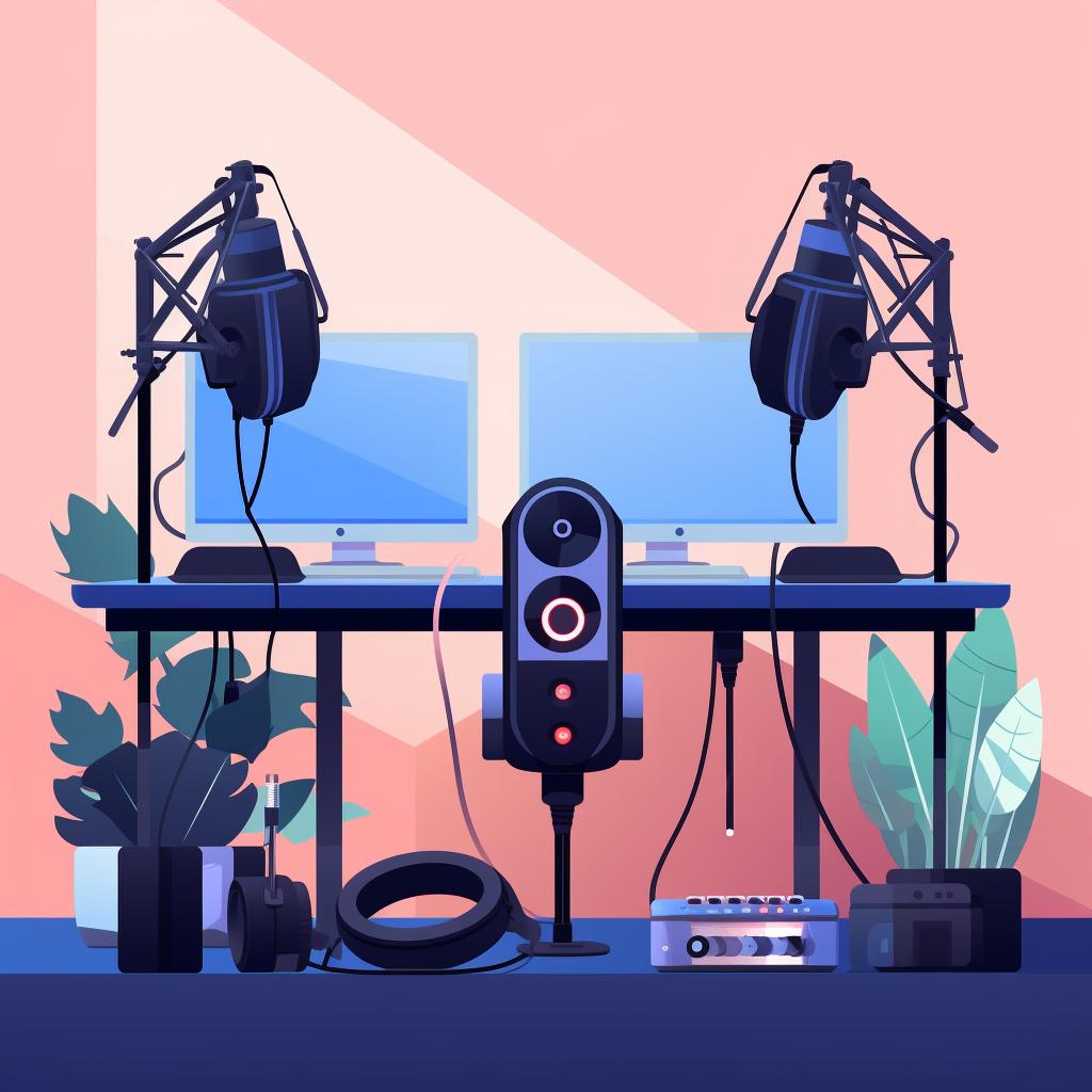 A microphone, audio interface, headphones, and studio monitors connected together
