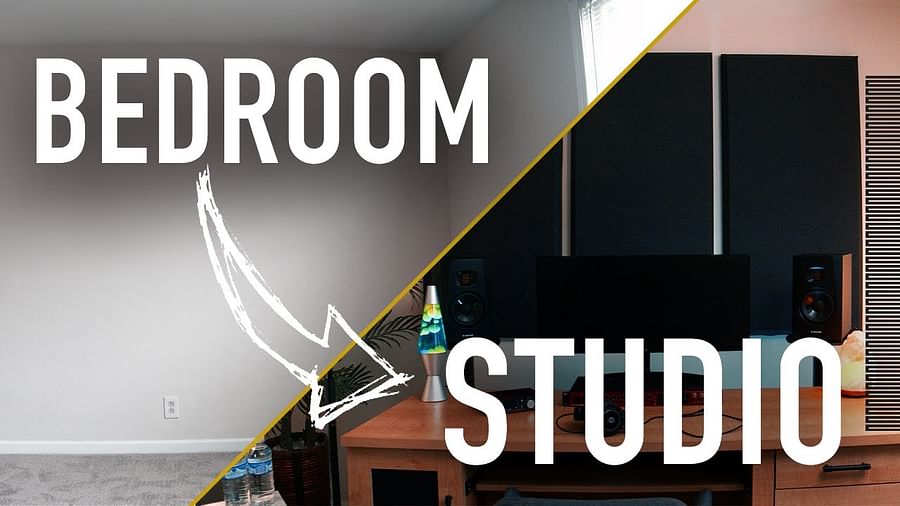 Before and after transformation of a bedroom into a recording studio